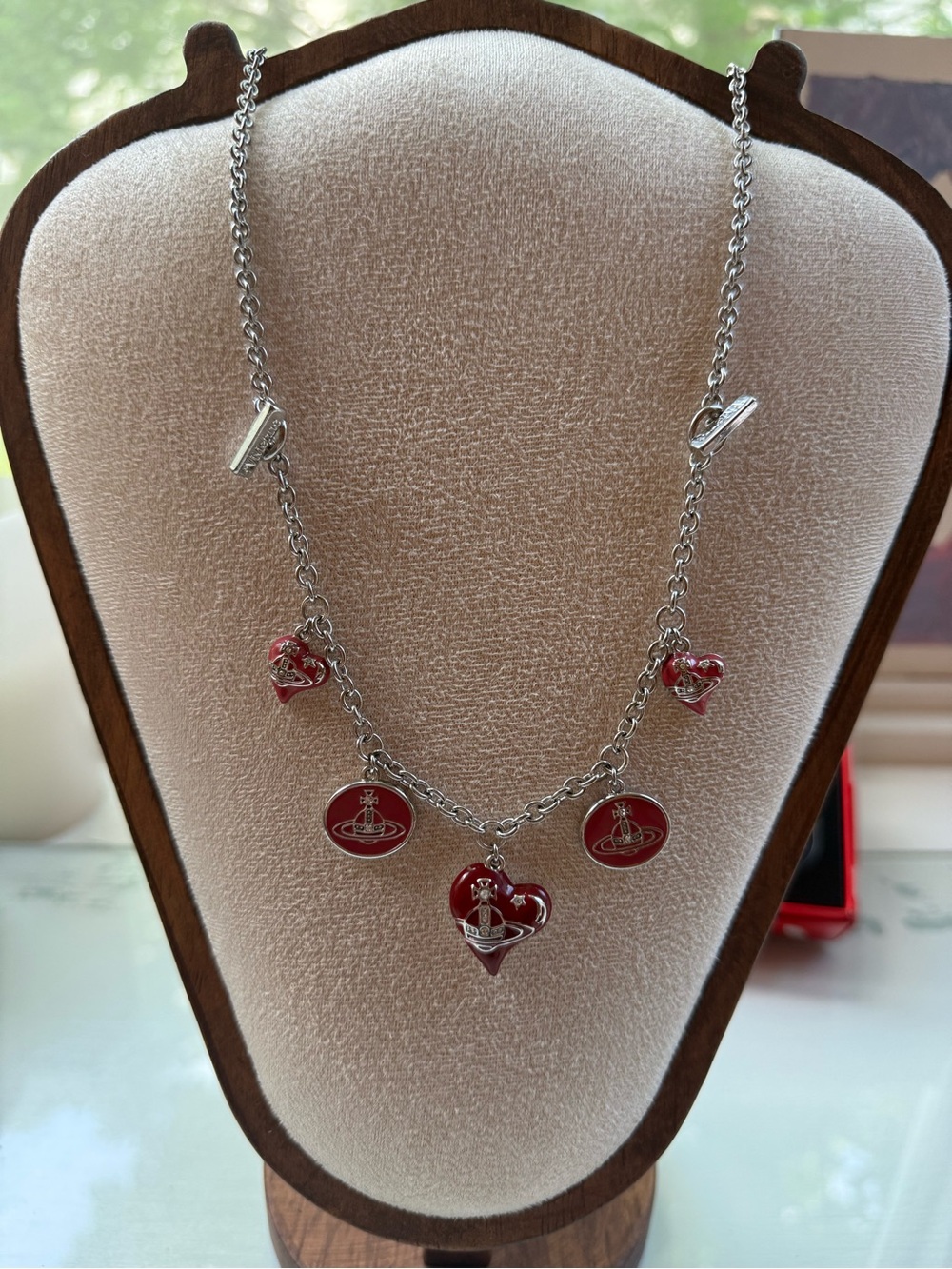 Vivienne Westwood Silver Chain Necklace with Red Enamel Orb & Heart Charms